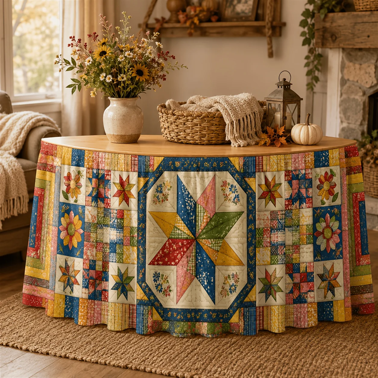 One table skirt with vintage quilting pattern. Farmhouse decoration. Suitable for holiday dinners and backyard parties.xzj
