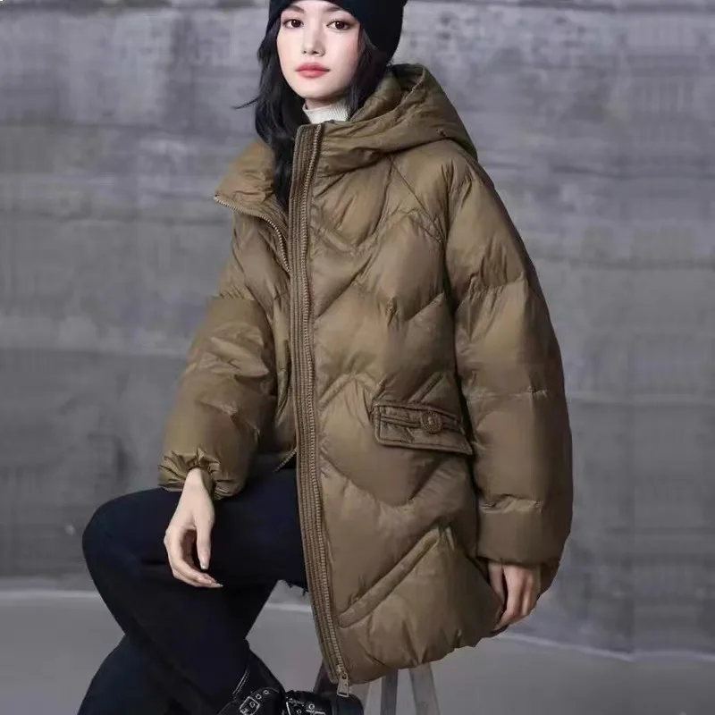 

Hooded High Street Fashion Parkas Winter New Down Coats Medium Long Women Jacket Casual Warm Loose Skinny MM Large Size Outcoat