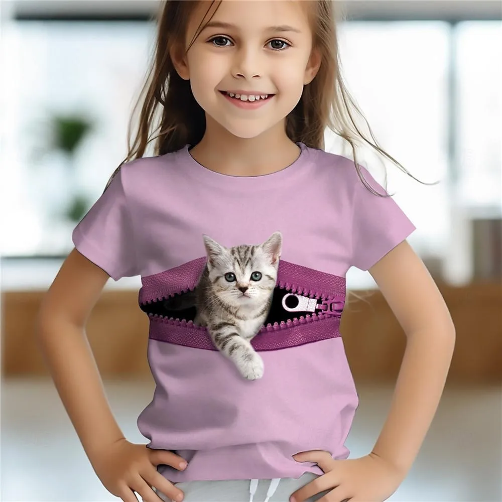 ユニセックス半袖Tシャツ,ストリートウェア,カワイイ猫,3Dプリント,特大,子供服,動物服,男の子と女の子,ファッション