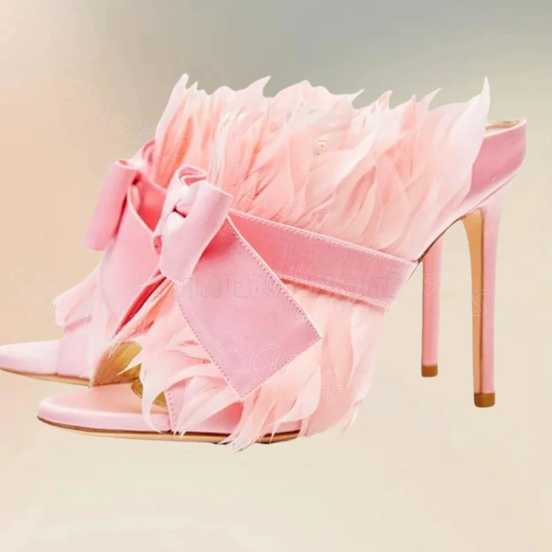 

Pink Suede Bow Knot Feather Design Slippers Slip On Women Shoes Thin High Heels Open Toe Party Dating 2026 Zapatos Para Mujere