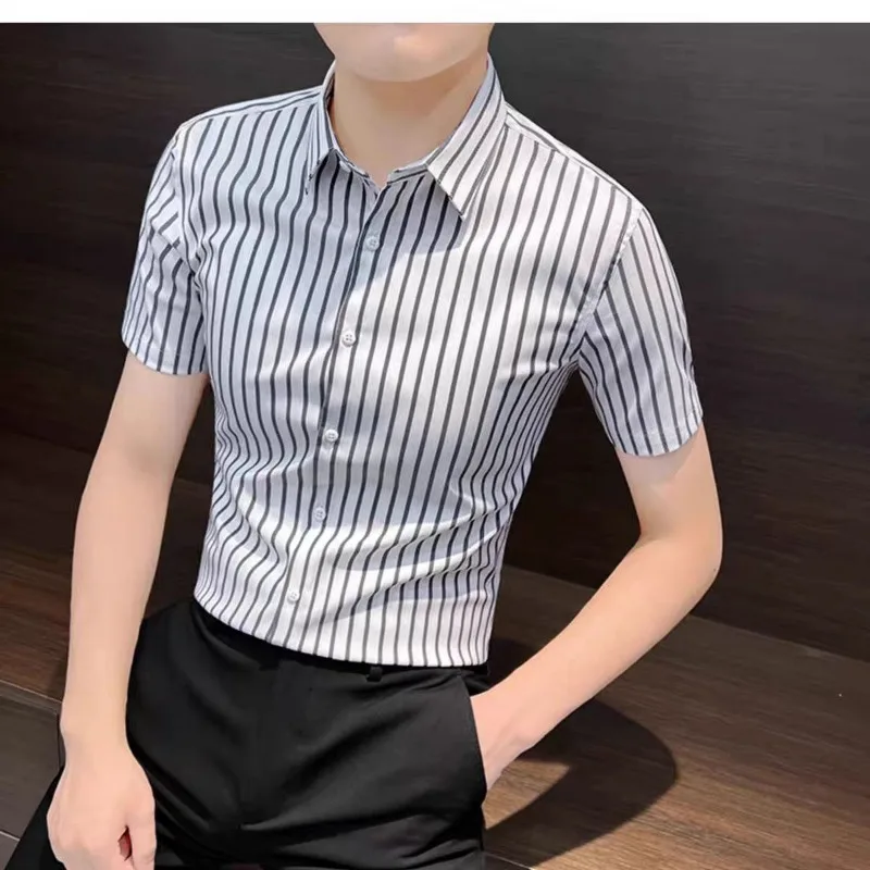 Camisas Shirt Men High Quality Luxury Clothing Summer Short Sleeve Striped Shirts for Men Slim Blouse Business Casual Shirt New