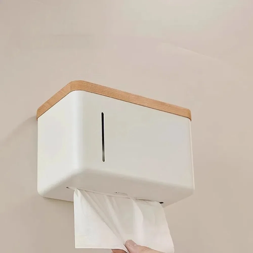 

No Punching Waterproof Toilet Paper Holder Waterproof Design Wall Mounted Beech Paper Box Wooden Material with Cover