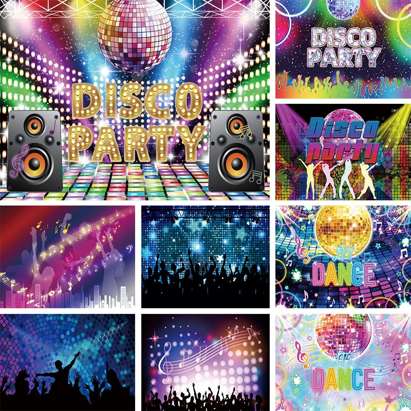 

Neon Dance Backdrop 70s 80s Disco Birthday Decoration Retro Hip Hop Music Party Light Ball Stage Background for Photography Prop