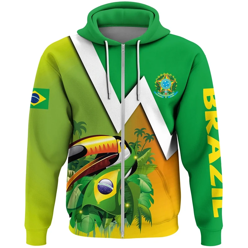 Brazil Flag Map Graphic Sweatshirts Brazilian National Emblem Zip Up Hoodie For Men Clothes Casual Male Hood Sport Boy Pullovers