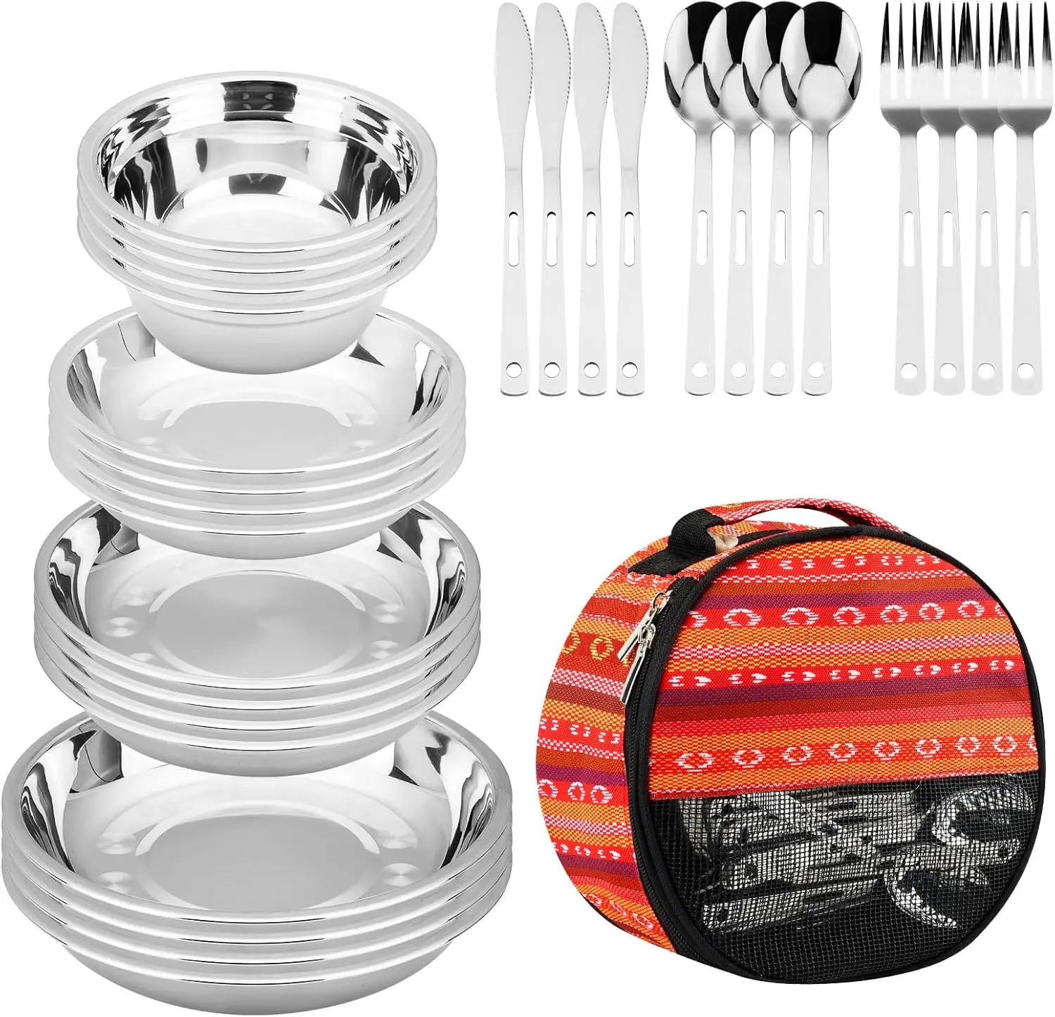 

28pcs Stainless Steel Camping Mess Kit - Plates, Bowls, Cutlery Set