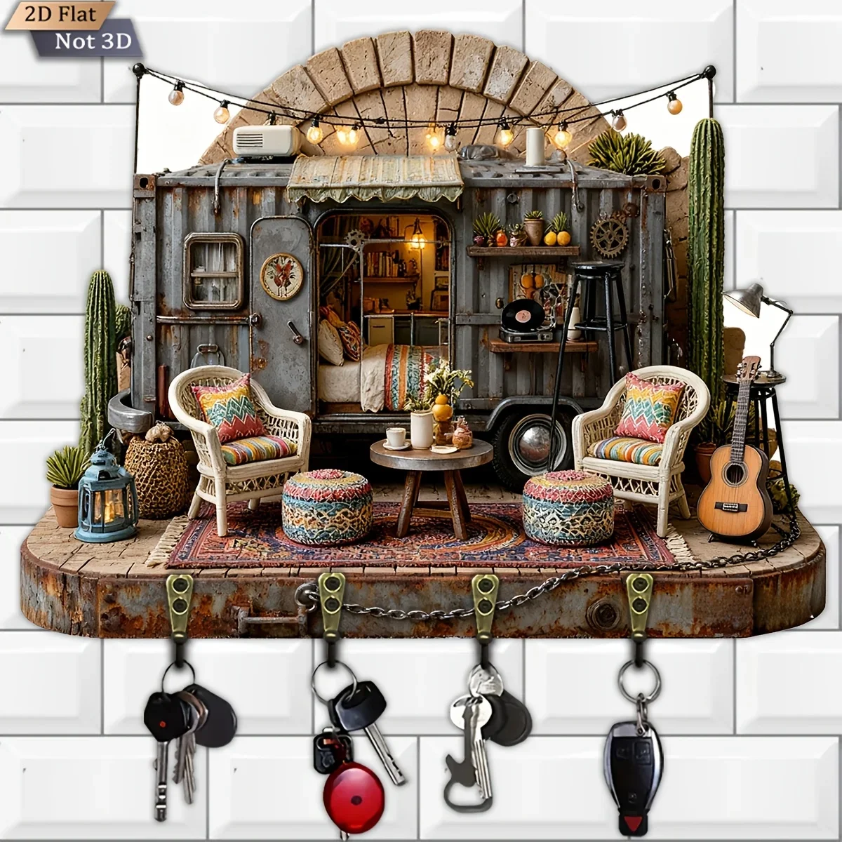 2D Flat, 1pc,  Camping  Theme Style Key Hook, Wooden Multi-functional Home Key Hanger, with four metal hooks, wall decoration,