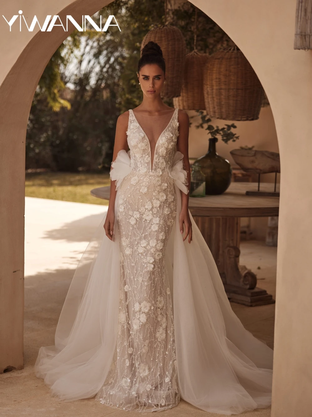 

Charming Beaded Lace 3D Flower Wedding Dress Illusion Deep V-neck Mermaid Long Bridal Gown 2026 New Customized Dresses For Bride