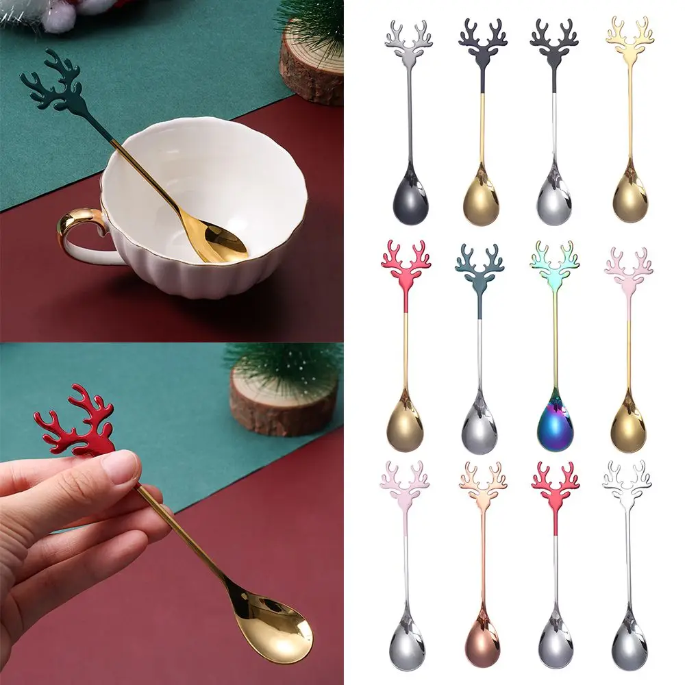 Desserts Christmas Deer Head Stainless Steel Coffee Scoops Xmas Antlers Christmas Spoons Tea Scoop