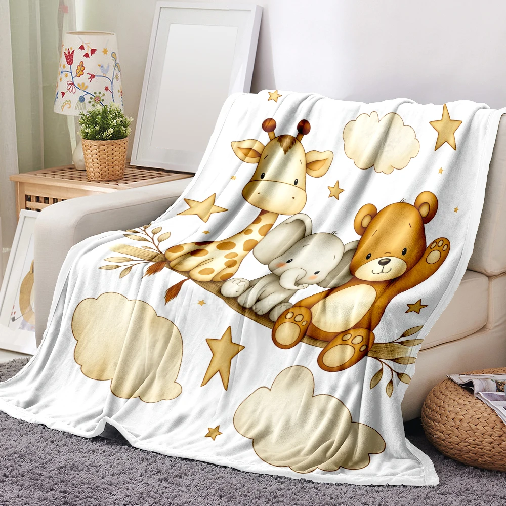 1PC adorable giraffe, elephant and bear print blanket-made of soft, fluffy flannel, perfect for sofas, beds or loungers. Ideal f