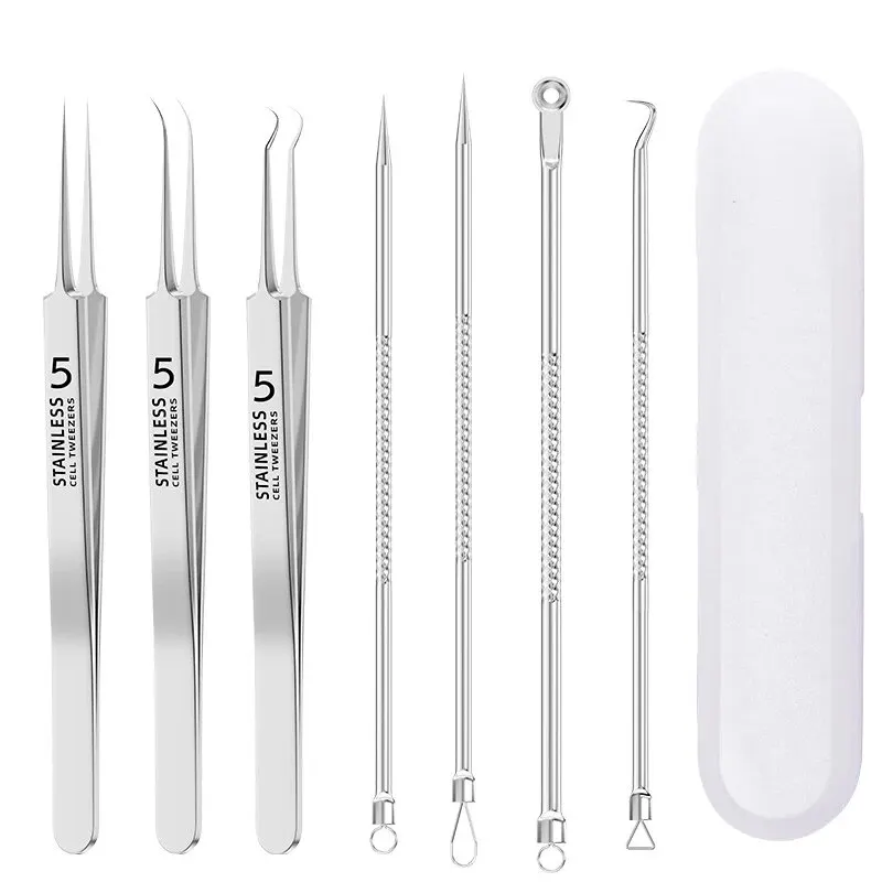 7pcs Stainless Steel Splinter Acne Clip Cell Tweezer Blackhead Clip Pimple Pin Beauty Salon Acne Removal Acne Needle Tools