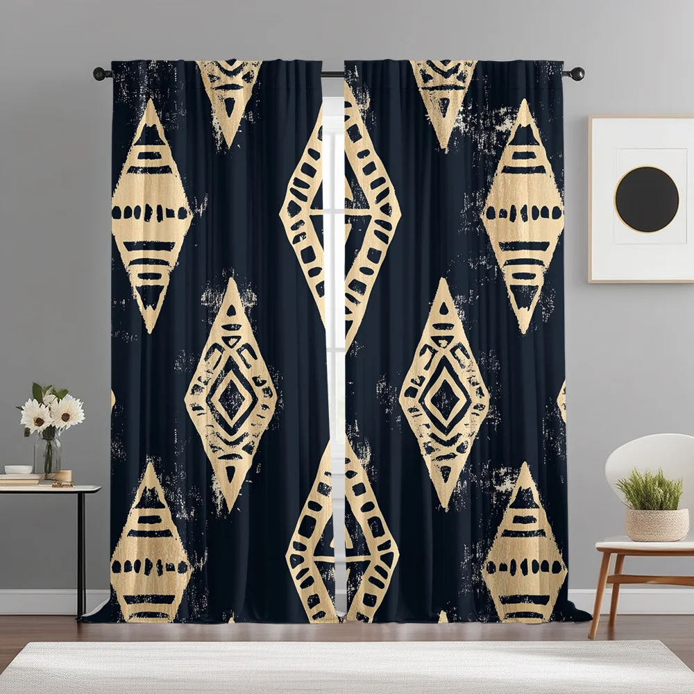 Ethnic Diamond Pattern Curtains Set of 2 – Navy & Cream Tribal Geometric Print, Rod Pocket Light Filtering Drapes