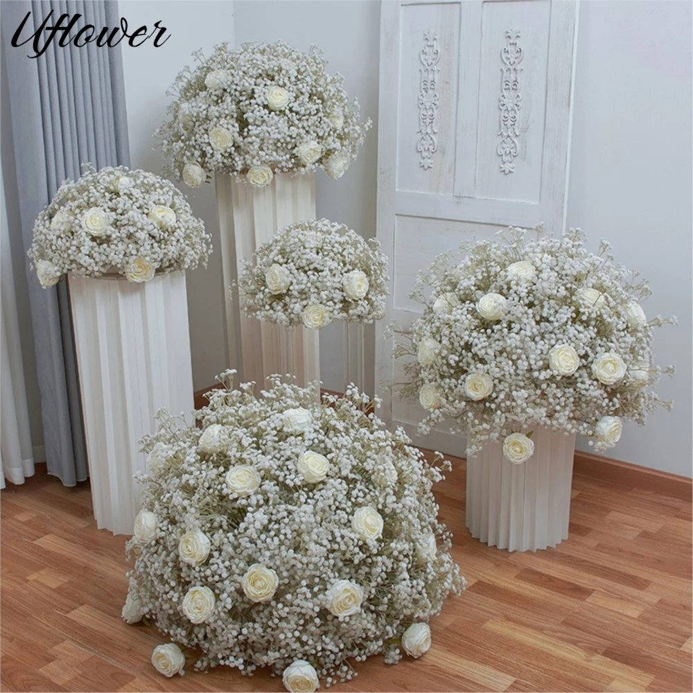 

Uflower Gypsophila Rose White Road Lead Flower Ball Wedding Backdrop Decor Floral Table Flower Centerpieces Party Event Prop