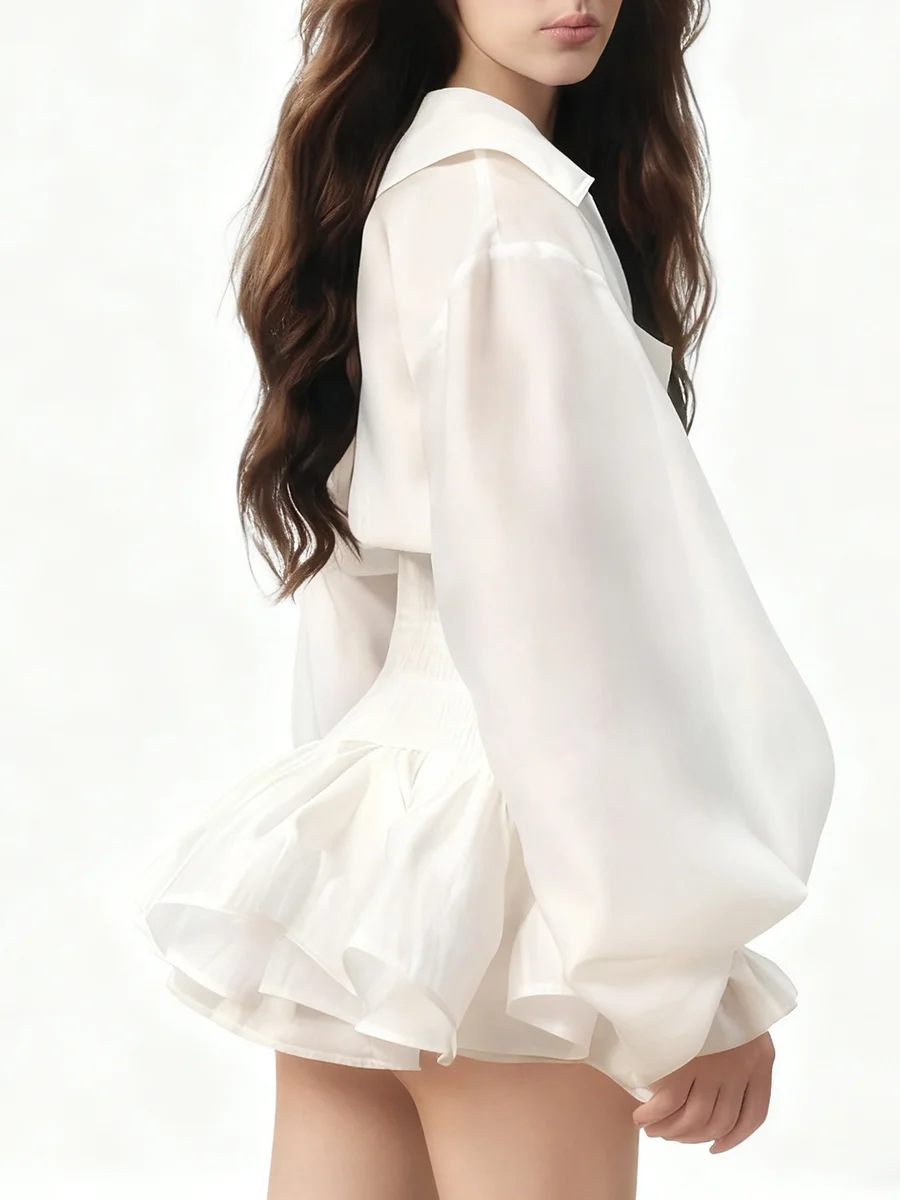 TWOTWINSTYLE 솔리드 슬리밍 스플라이스드 더블 브레스티드 미니 드레스 여성용 라펠 긴 소매 패치워크 러플 드레스 여성 신상