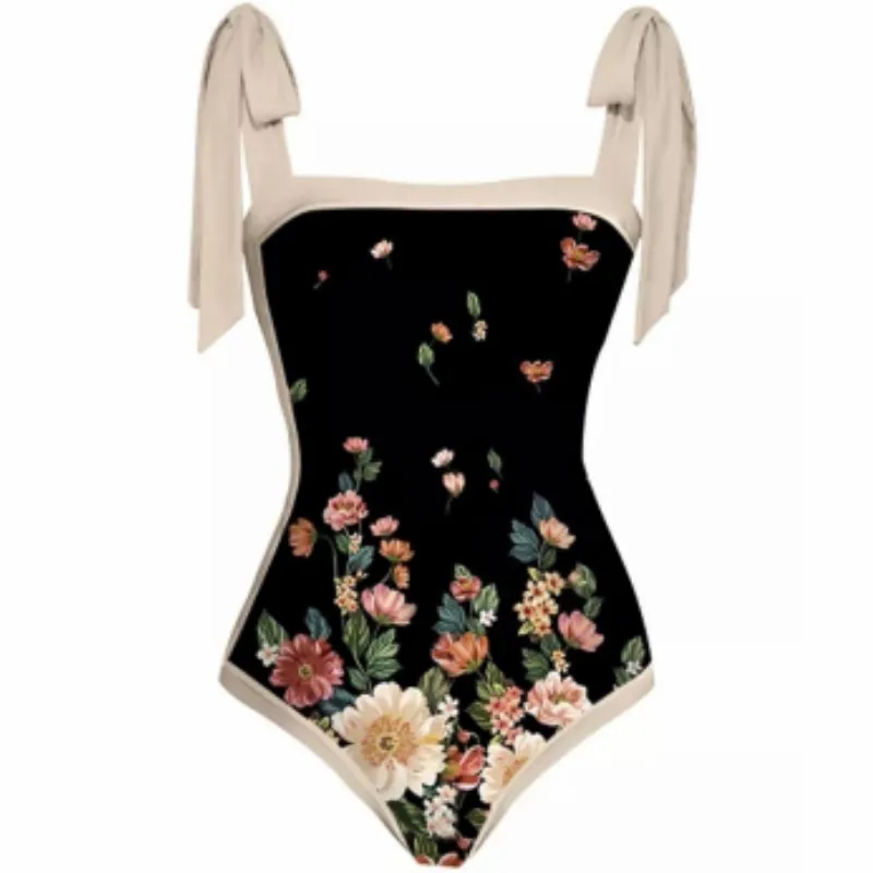 Black and White Gradient Flower Print Bikini One Piece Strap Square Neck Retro Swimsuit Women's Fashion Sexy Backless Beachwear