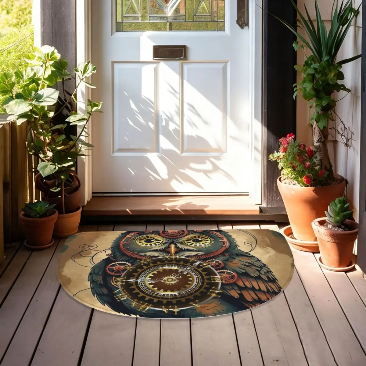 Steampunk Owl With Clock And Gears Soft Flannel Half Round Doormat Non Slip Bathroom Mat Absorbent Floor Carpet for Garage