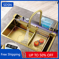 Digital Display Kitchen Sinks Single Bowl Stainless Steel Waterfall Digital Kitchen Sink Hot Cold Pull Out Digital Kitchen Taps