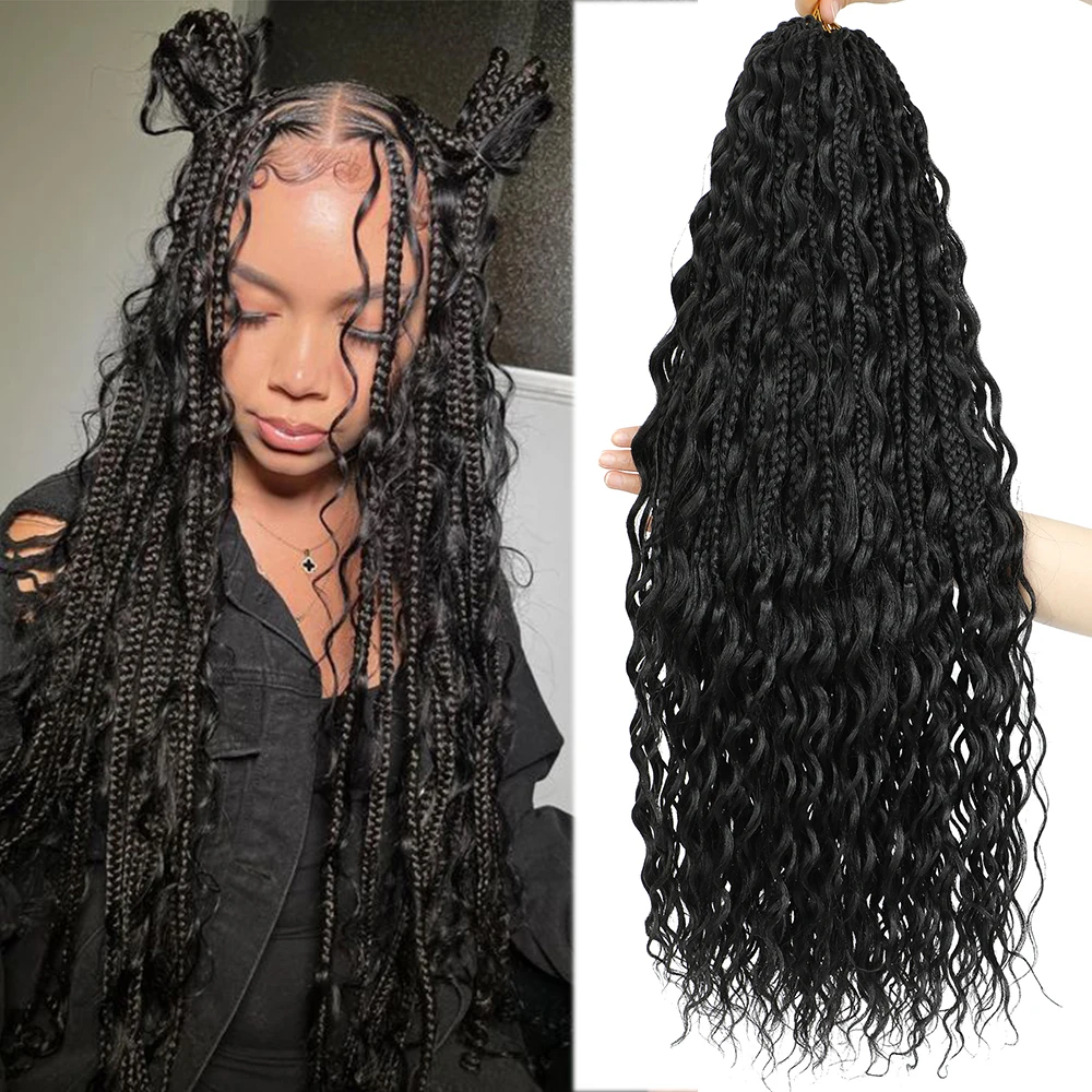 X-TRESS Boho Box Braids Hair Curly Ends Black Color 24 inch Pre-looped Goddess Box River Synthetic Crochet Braids Extensions