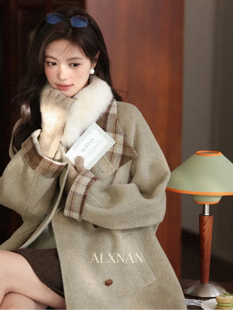 ALXNAN Winter Women Green Wool Coat Warm Plaid Patchwork Sheepskin Jacket 2025 Fashion Wool Outerwear Female L58870