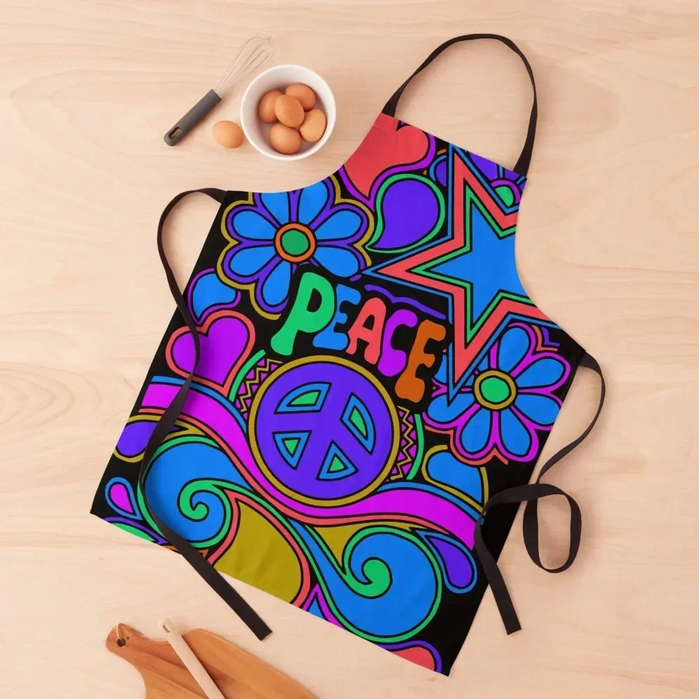 Peace and Love Flowers and Stars Hippie Design Apron Waterproof Kitchen Woman for women with pocket Apron