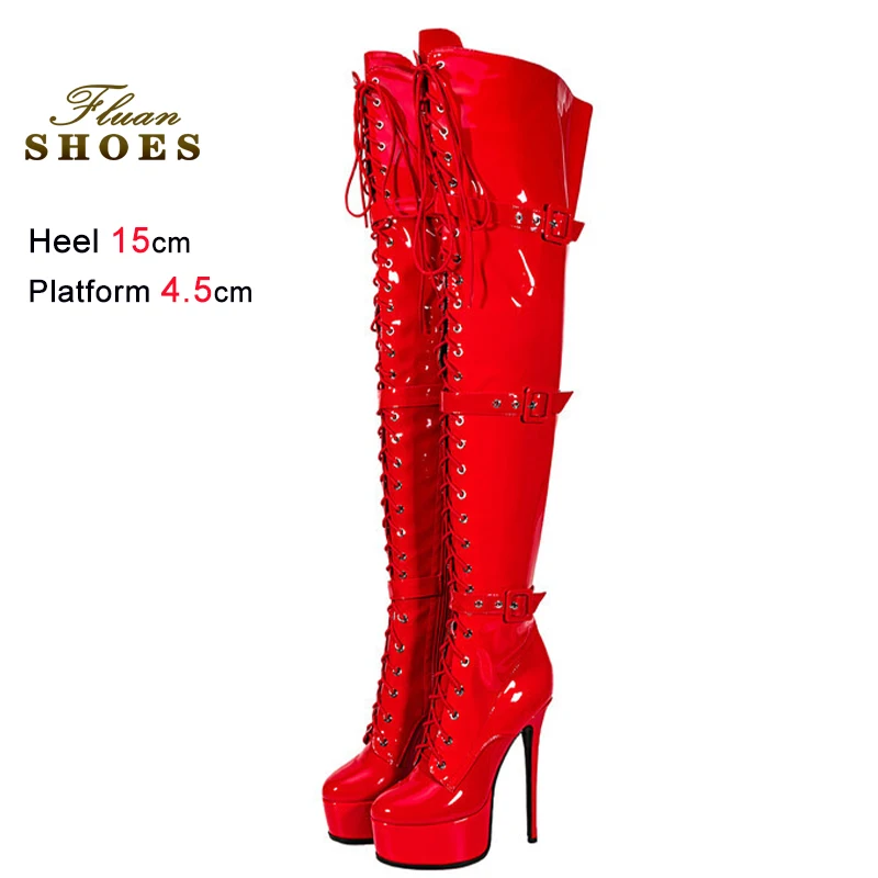 

Spring Autumn Red Women's Over-the Knee High Boots Thin Heels 15cm Platform 4.5cm Round Toe Zipper Lace Up Ladies Long Boots CD