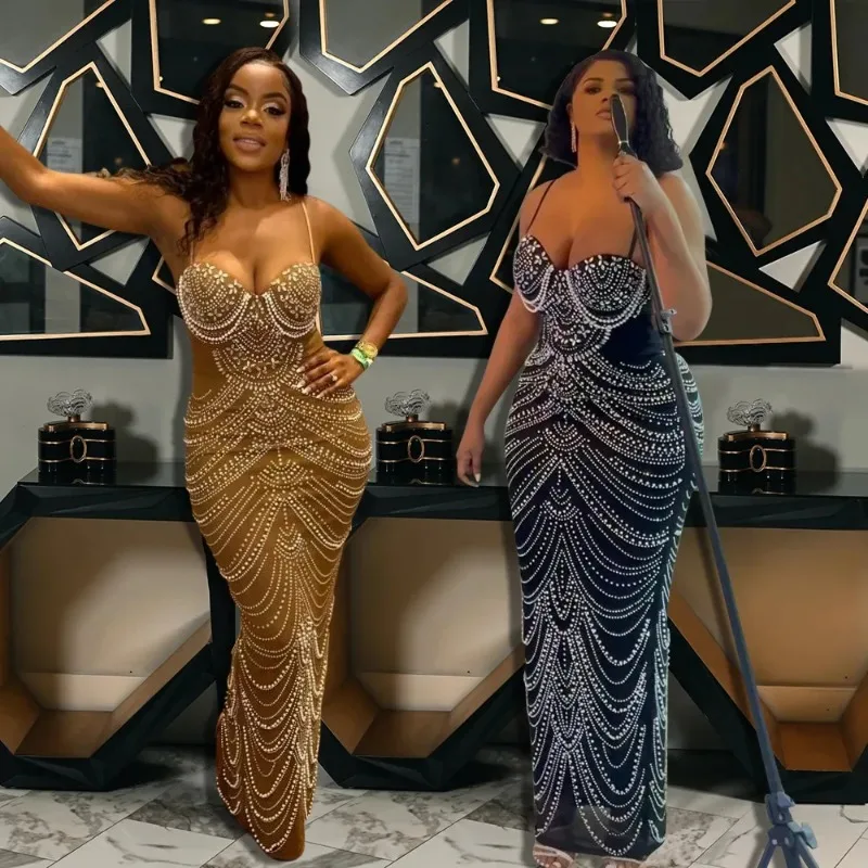 Sexy diamants perles strass robe de luxe anniversaire Spaghetti sangle sans bretelles maille pure formelle bal dîner robes de soirée