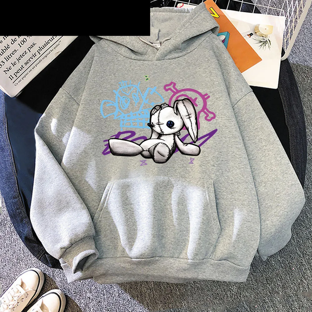 Men Hoodie Monkey Doll Rabbit Graffiti Grunge Style Kpop Clothes Black Anime Sweatshirt Streetwear Unisex Women Clothing