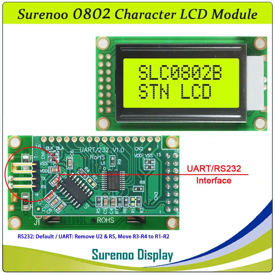 Surenoo Serial RS232 UART TTL 0802 802 8X2 Character LCD Module Display Screen Panel LCM Yellow Green White LED Backlight