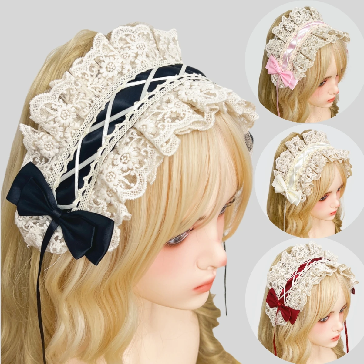 Urocza słodka urocza koronkowa wstążka nakrycie głowy z kokardką opaska do włosów Lolita Maid Cosplay opaska do włosów akcesoria kawaii nakrycia głowy
