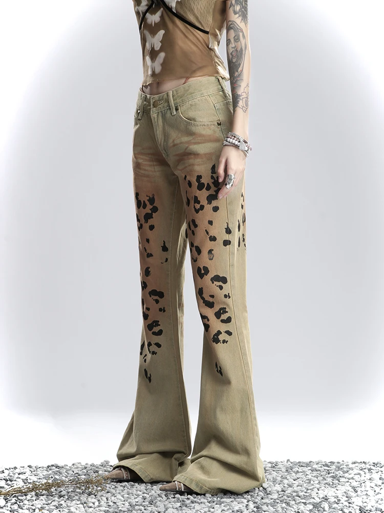 American High Street Washed Leopard Print Jeans Women Summer New Design Sense Niche Vintage Flared Pants