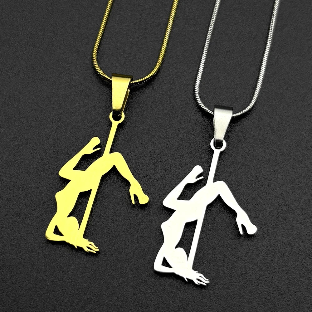 Pole Dance Figur Mädchen Kette für Frauen Männer Edelstahl Goldfarben Kunst Musikalisch Trendy Sport Anhänger Halskette Schmuck Geschenke