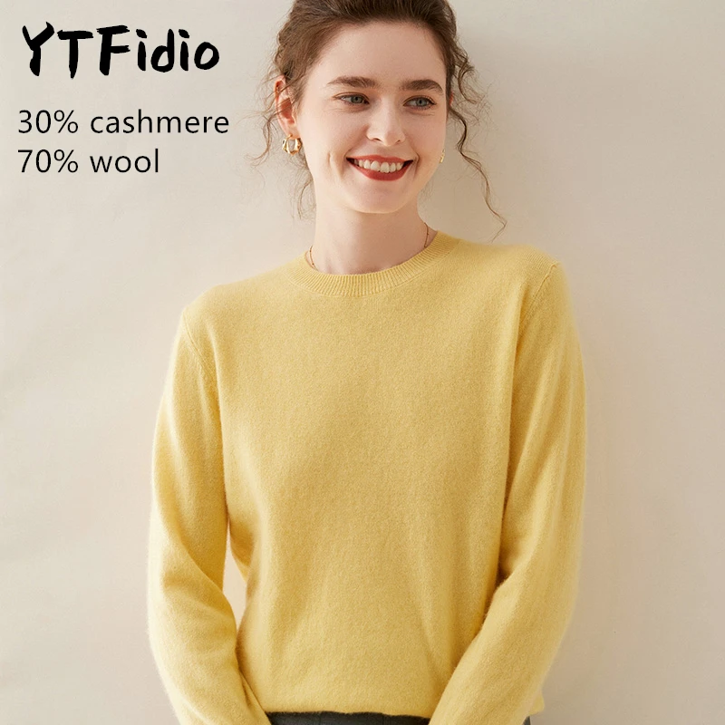 YTFidio-Pull en cachemire à manches longues et col rond pour femme, pull en laine mérinos, pulls décontractés, tricots solides, automne, Y-100