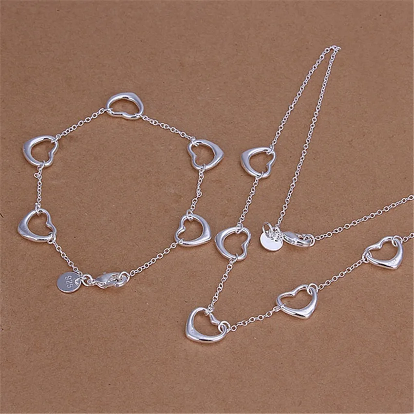 

Hot 925 Sterling Silver LOVE five hearts Bracelet necklace Jewelry set for women Fashion Party Christmas Gifts