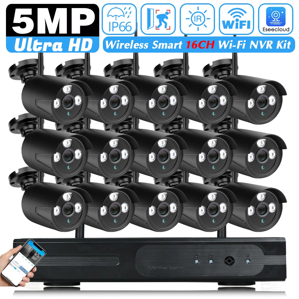 

10CH 16CH Wireless NVR Kit 5MP Outdoor Wifi Security IP Camera CCTV System Night Vision Smart Home Surveillance System Eseecloud