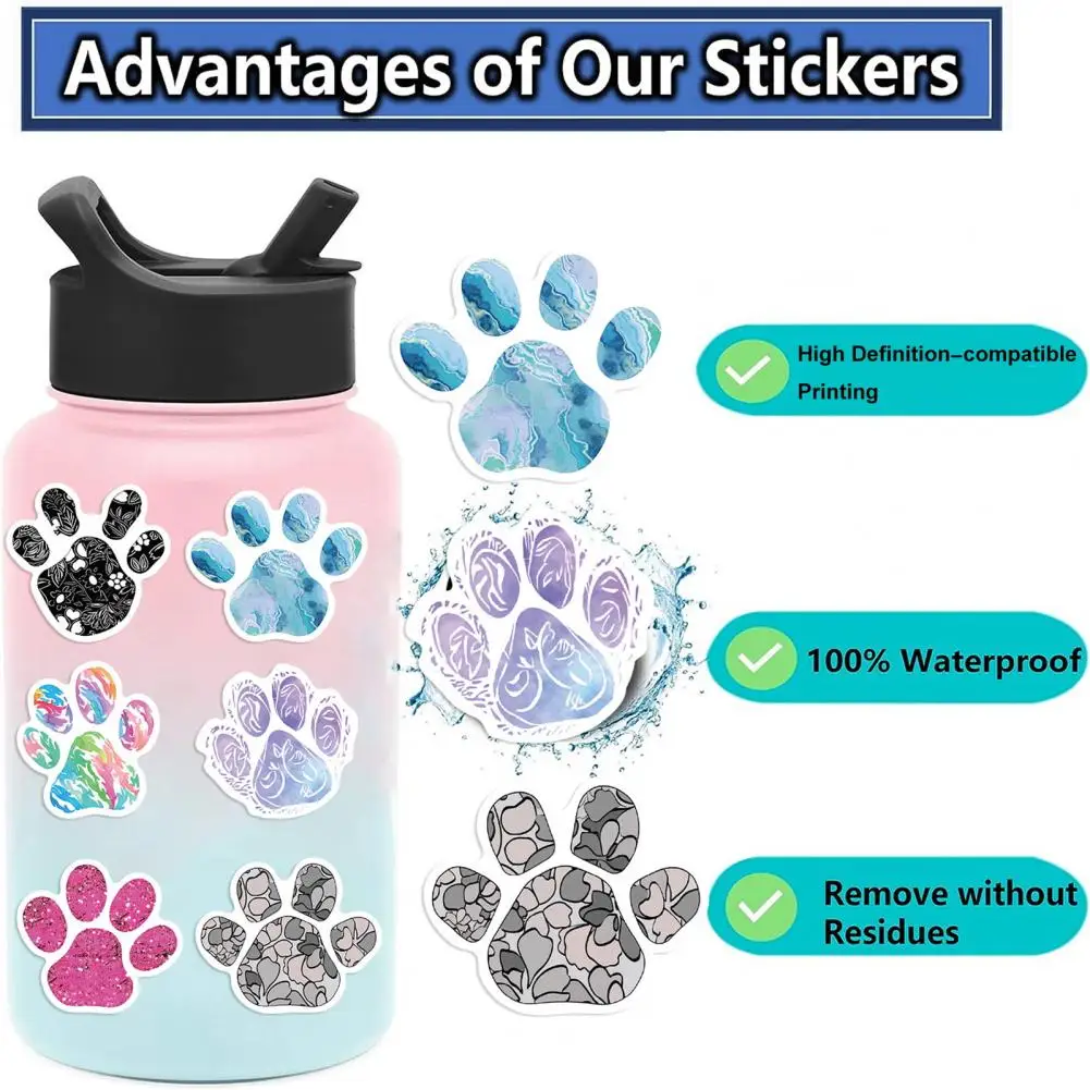 Fade-resistant Pet Themed Stickers 50pcs Cartoon Paw Print Sticker Set Self-adhesive Waterproof Pvc Decal Kit for Phone for Cup