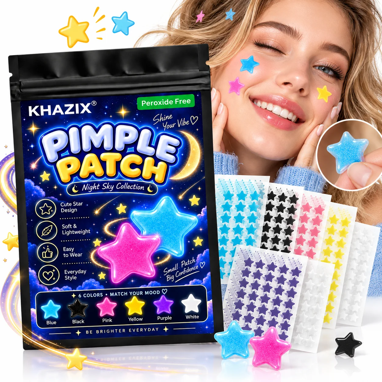 Multi colored star acne patch - six color fun star shaped mixed size, easy to apply for daily spot coverage