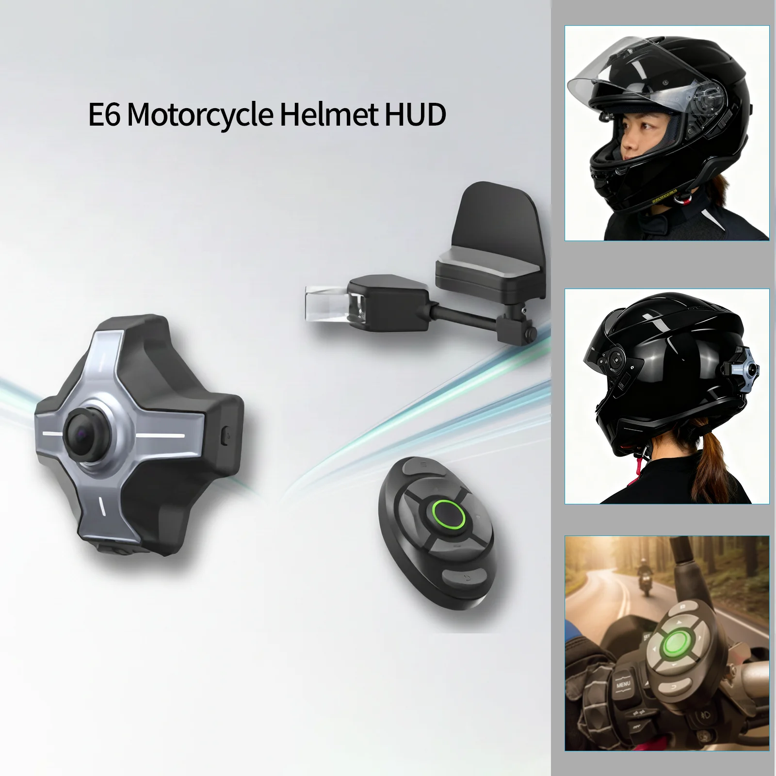 

Мотоциклетный шлем с HUD-дисплеем, навигационным устройством, функцией записи вождения, Bluetooth-наушниками и камерой заднего вида.