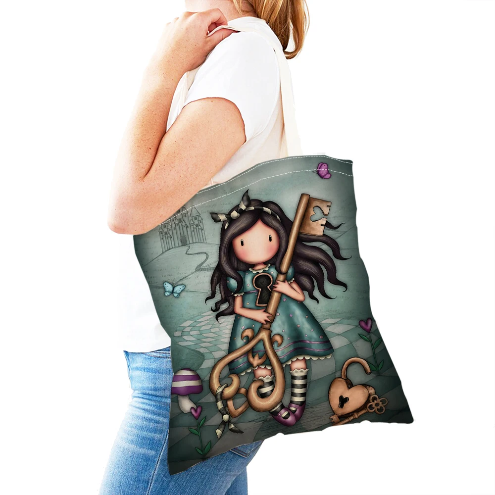 สาวการ์ตูนน่ารักพิมพ์คู่Reusable Eco Canvasกระเป๋านักช้อปกระเป๋าถือTote Casual Fairy Tale Worldน่ารักเด็กถุงช้อปปิ้ง