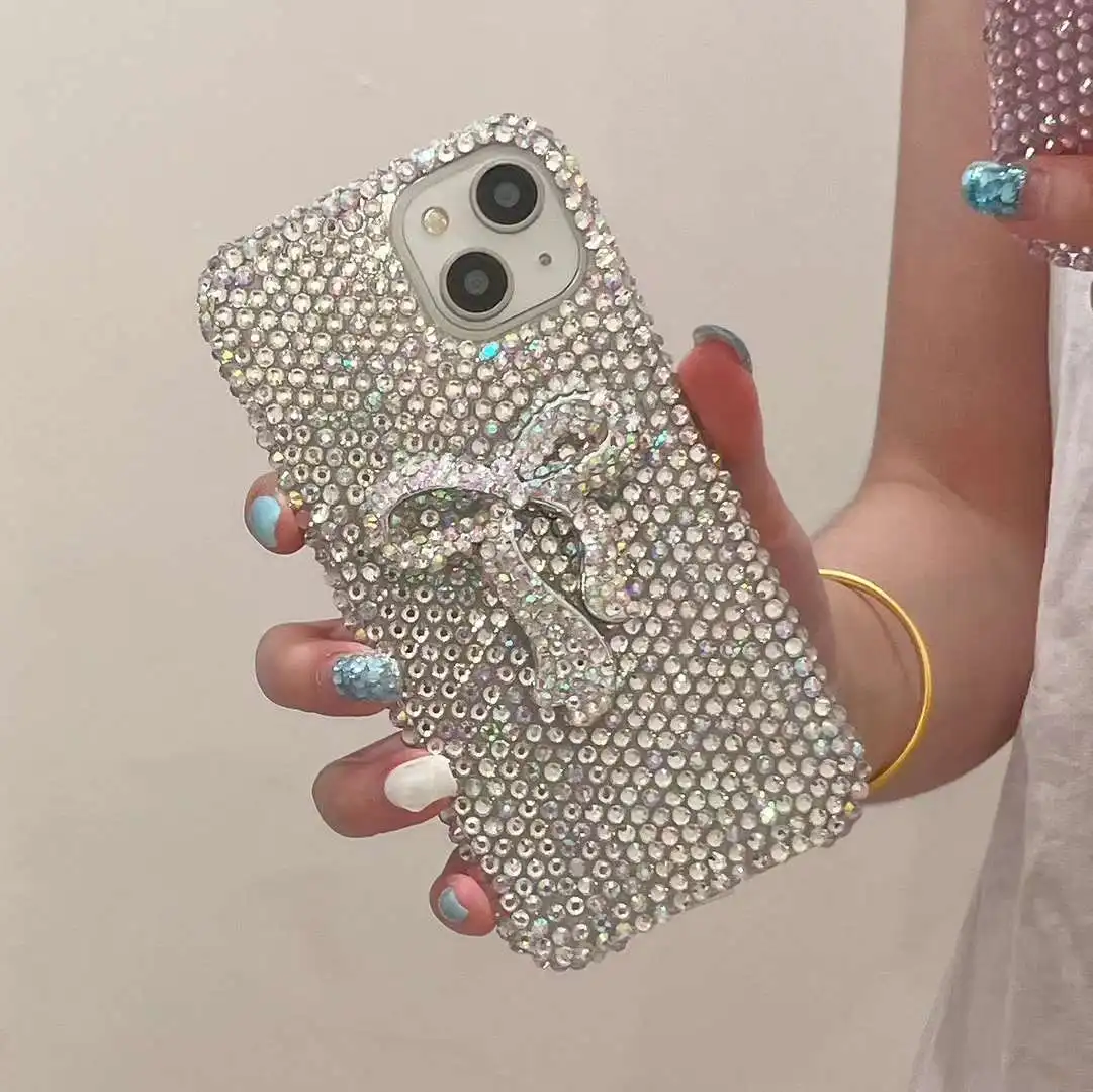 Luxury Diamond Glitter Bowknot Case for iPhone 15 Pro Max 3D Bling Rhinestones Shiny Phone Cover for iPhone 16 14 Plus 11 12 Pro