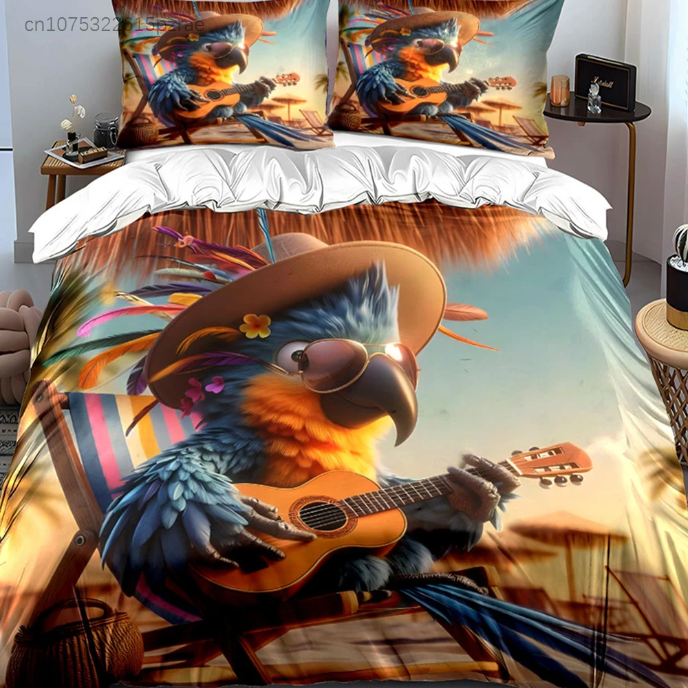 Beach Parrot Relaxation Set Multiple Sizes kid's And adults' Bedroom Exquisite 3PC Bedding set, Gift
