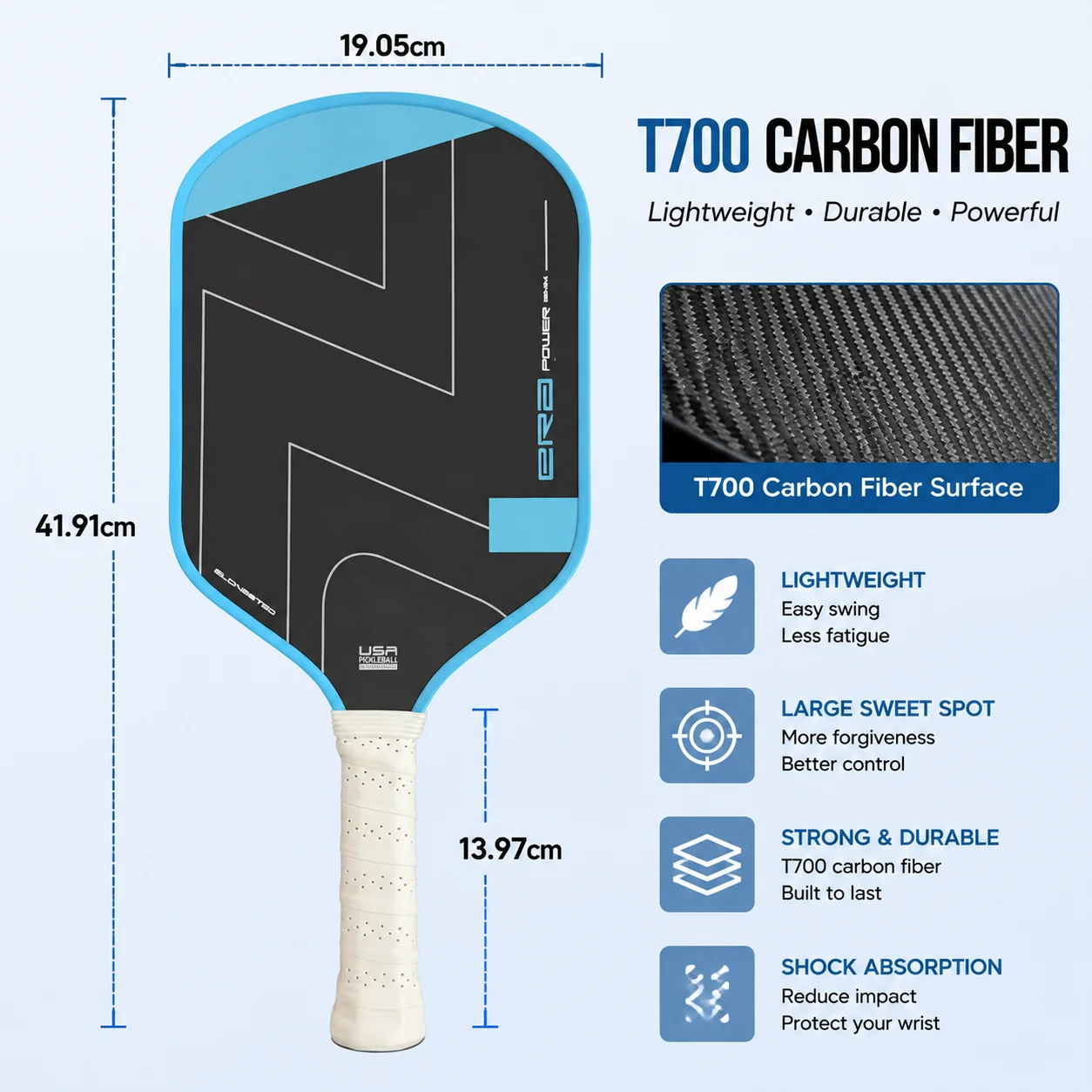 ERA Power Structure T700 Pickleball Paddle with Low-Density EVA Foam PP Honeycomb Core Slender Shape Original Carbon Fiber