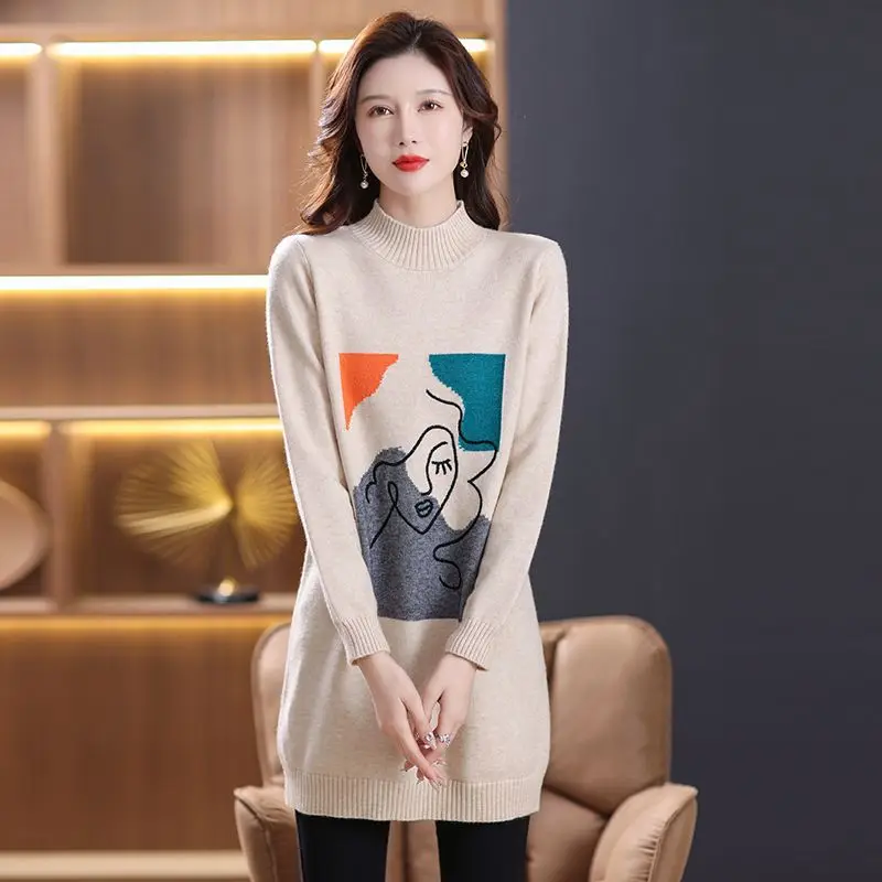 Middle Aged Mother Pullovers Vintage Printed Half High Collar Knitwears Pull Femme Autumn Winter Bottoming Sweater Women