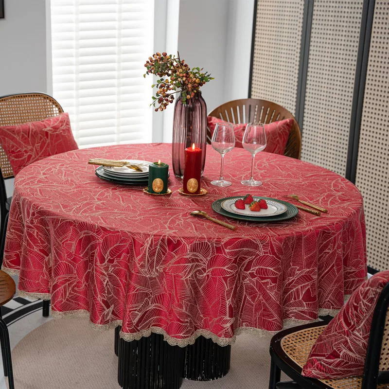 Zmaowaitao Red festive jacquard tablecloth with gold flower edge circular dining table cloth cover