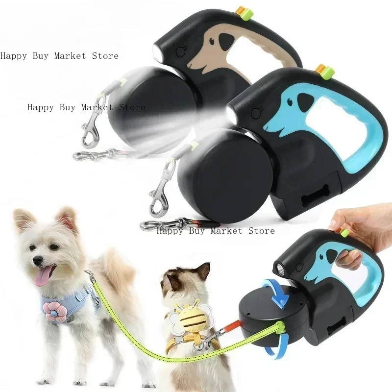 Laisse rotative rétractable pour animaux de compagnie de 3m pour 2 chiens, laisses multifonctions à Double corde avec lampe de poche et boîte de sac à merde