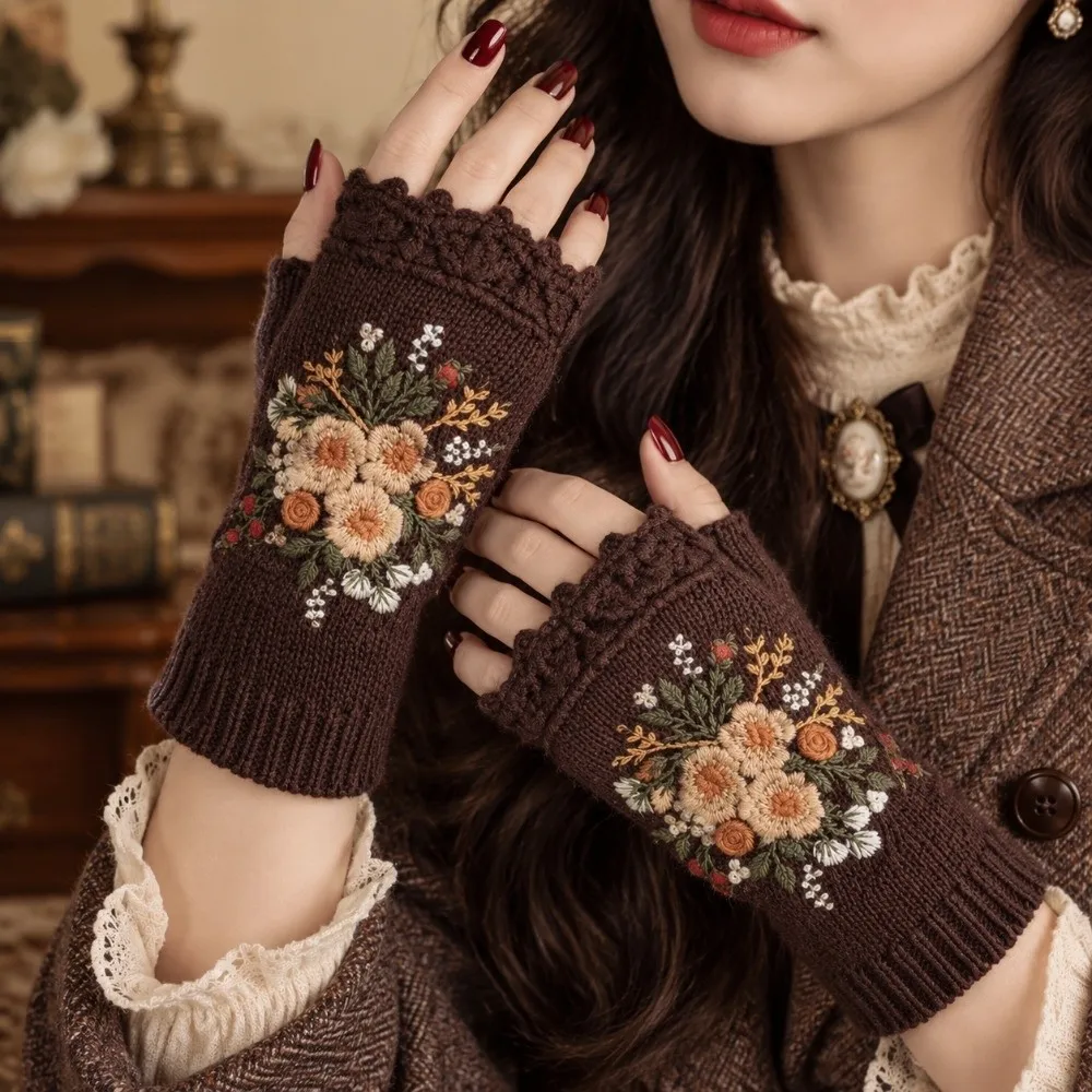 Vintage Embroidery Knitted Gloves Embroidered Floral Thick Fingerless Gloves Windproof Waterproof Crochet Flower Mittens Outdoor