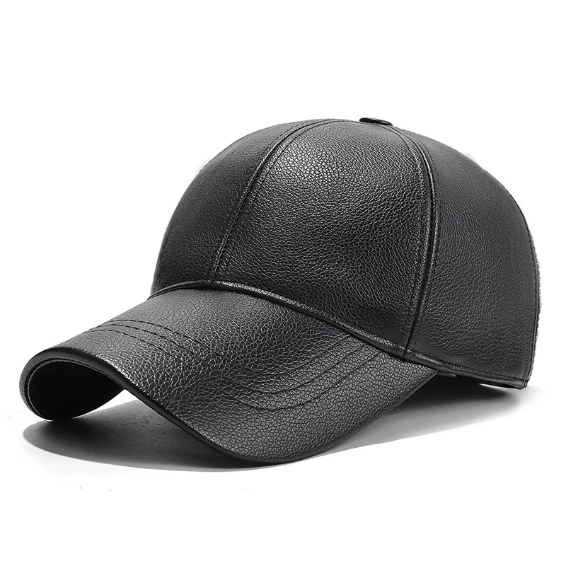 Men's Warm Leather Baseball Cap Solid Color Fleece Lined Duckbill Hat for Mid-Aged And Elderly Autumn Winter Outdoor Wear