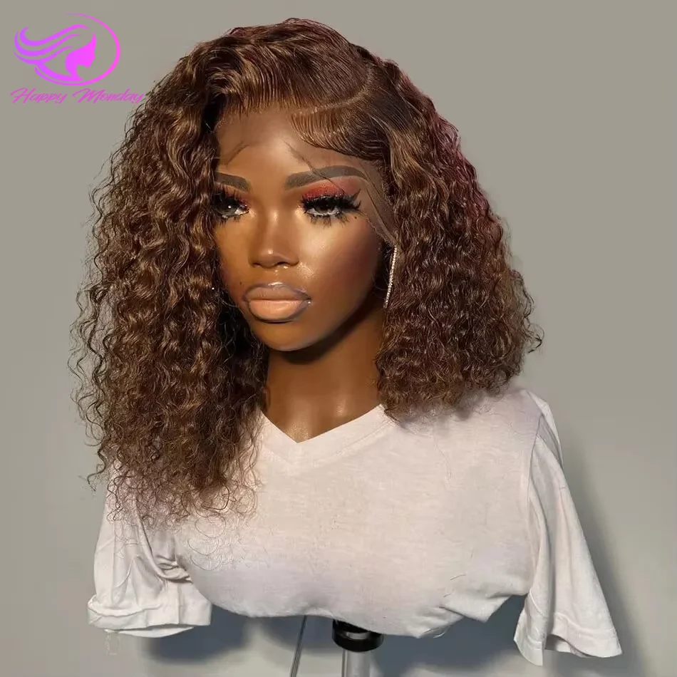 #4 Dark Brown Deep Wave Curly Short Bob Hair Wig Brazilian Hair Chocolate Brown 13x4 Transparent Lace Front Wig Remy for Women 