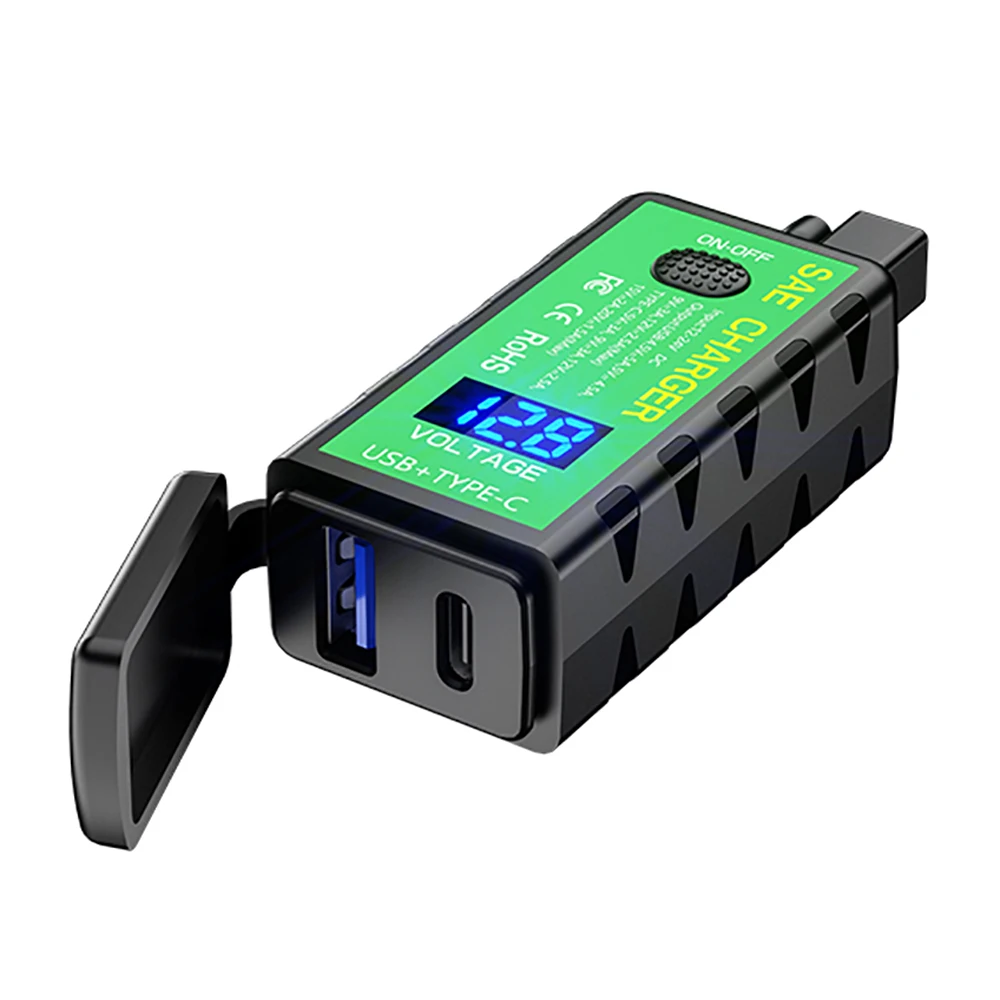 

With Voltmeter On/Off Switch Motorcycle USB Charger 3.1A/4.8A TYPE-C for Phone 12V SAE to Dual USB Fast Charging Adapter