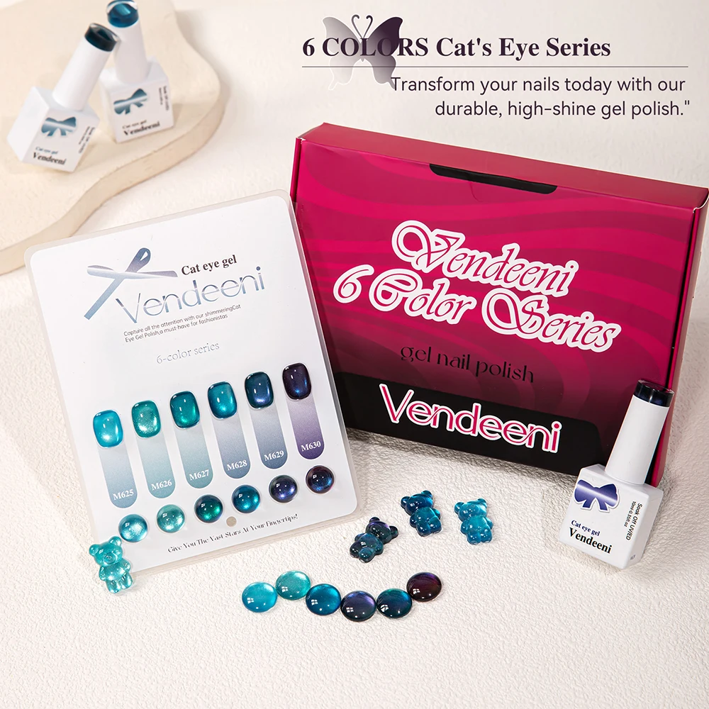 Vendeeni TPO/HEMA مجاني 6 ألوان/مجموعة لؤلؤ أزرق نقي ياقوت مغناطيسي كريستال عين القطة طلاء أظافر جل مع بطاقة ألوان #3