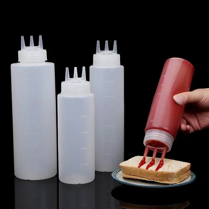 Botella dispensadora de salsa de tres cabezales, botella dispensadora de condimentos con múltiples cabezales, botella de salsa para condimentos, botella de tres cabezales.