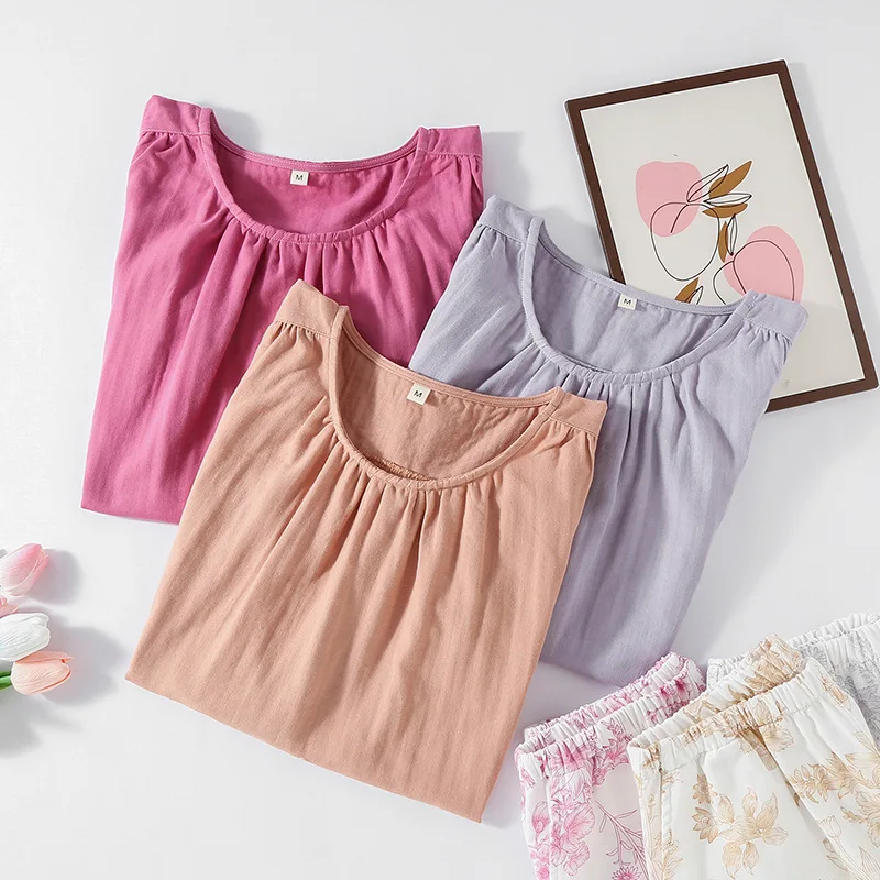 2025 Cotton Double-layer Gauze Pajamas Women's Spring and Summer Thin Trousers Sleeveless Loose Loungewear AB version suit